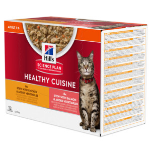 Hill's Healthy Cuisine Adult stoofpotje met kip & groenten, met zalm & groenten multipack kat 1 doos (12 x 80 g)